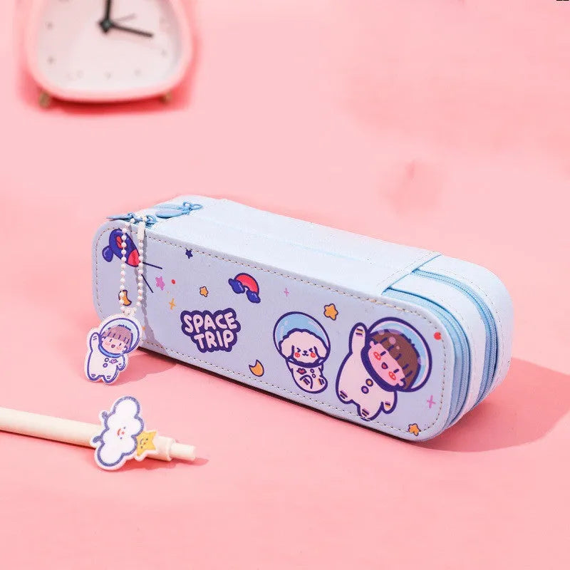 Ins cartoon double-layer pencil case in cute astronaut design with pen inside, made of PU material, available in multiple colours