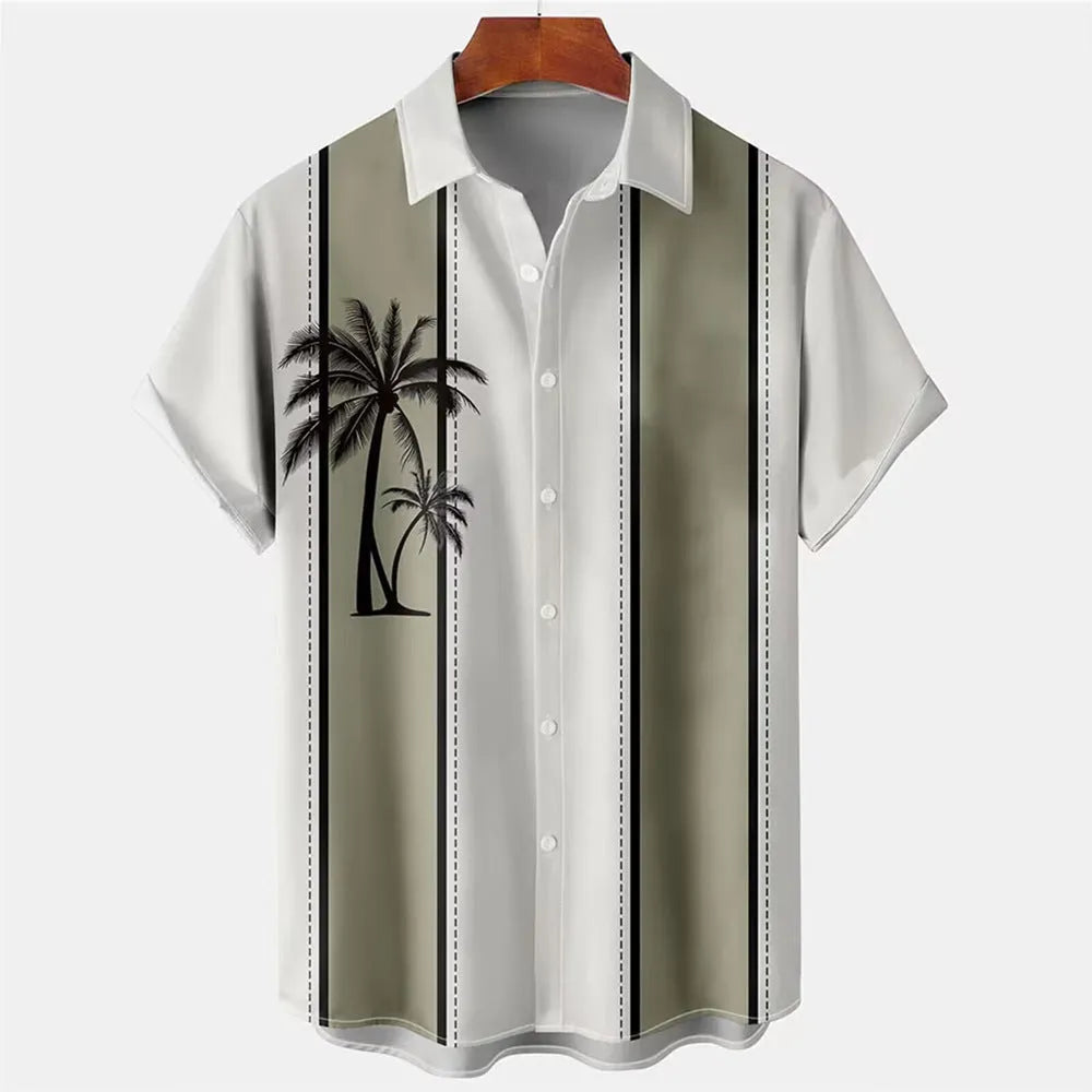 Men's short-sleeved Hawaiian shirt with a colourful 3D printed pattern, on a mannequin.