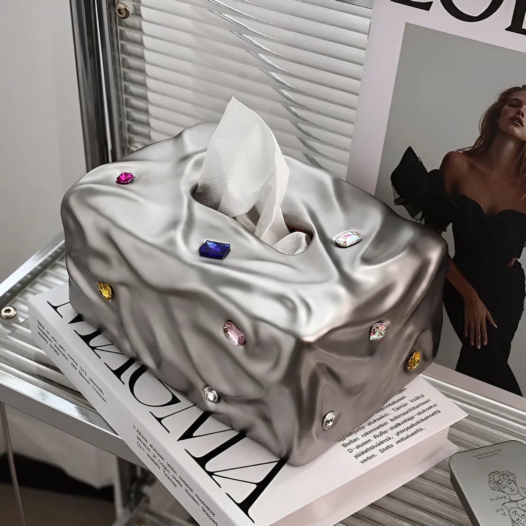 Ceramic tissue box with gem party design in matte coconut milk white or silver electroplated colour