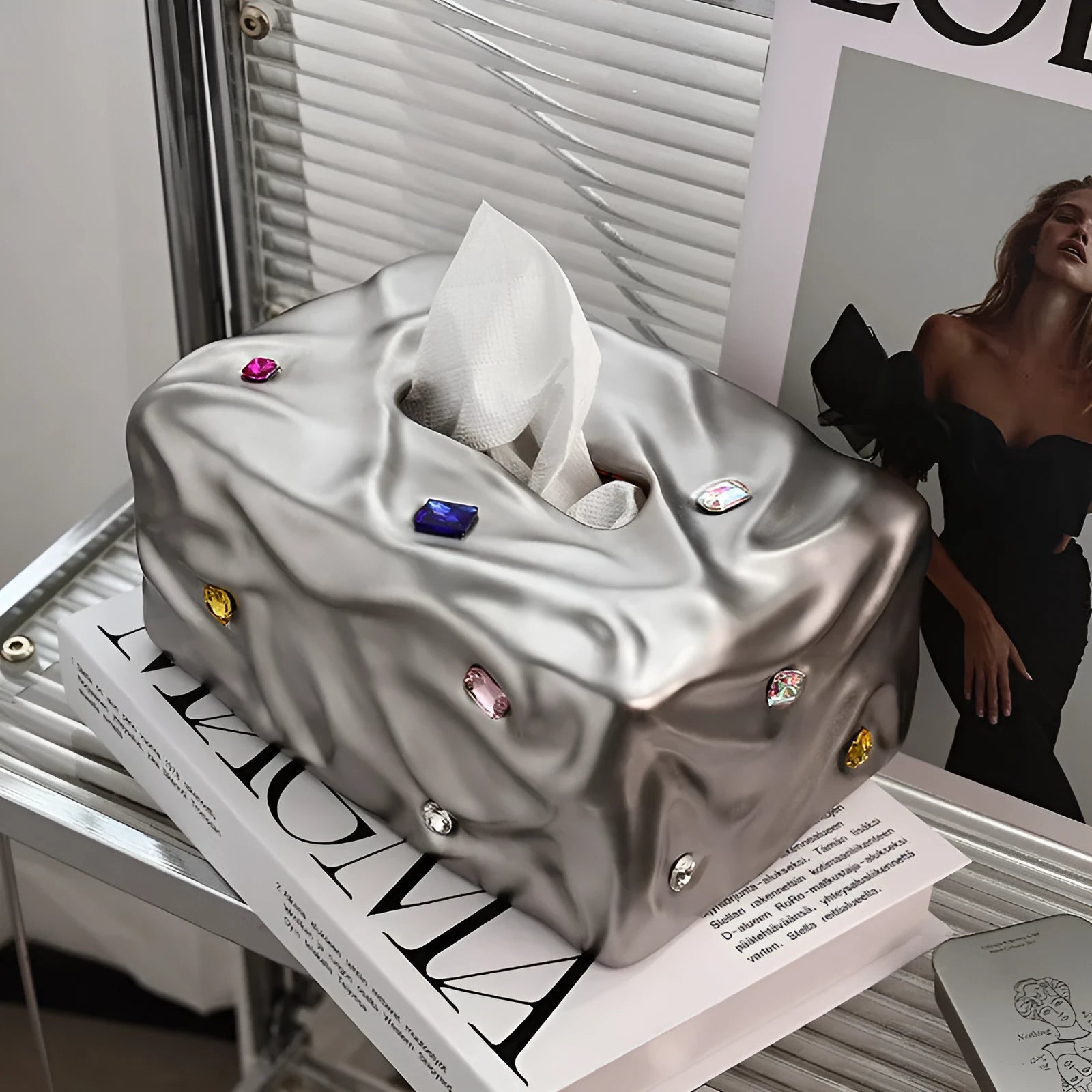 Ceramic tissue box with gem party design in matte coconut milk white or silver electroplated colour