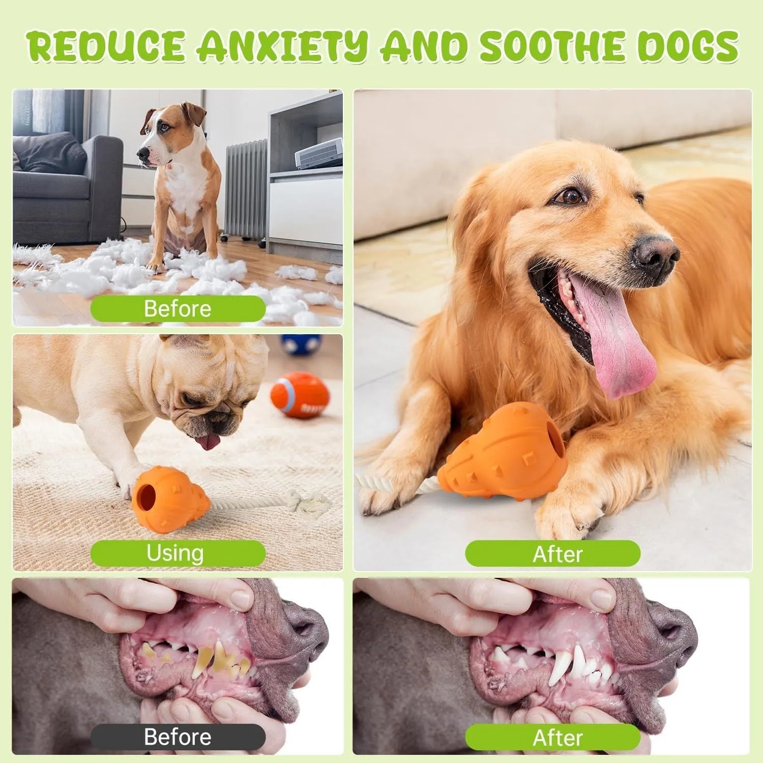 Natural rubber stuffable dog toy with a long strap for fetch and treat dispensing.