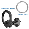 Black magnetic suction car phone holder mounted on a vehicle air vent, showing O-ring clip and magnet for phone attachment.