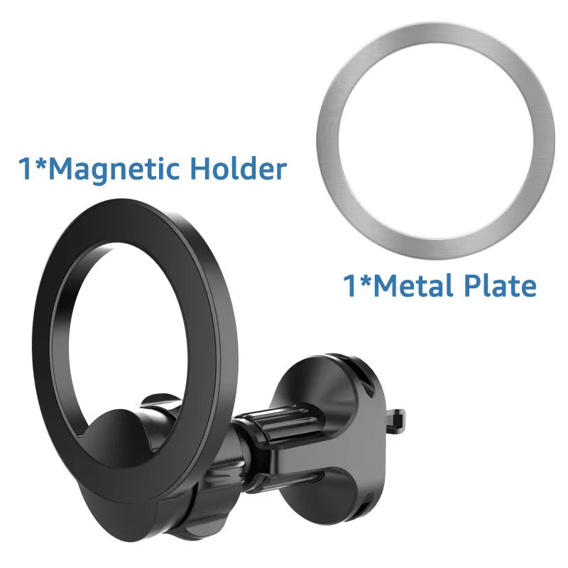 Black magnetic suction car phone holder mounted on a vehicle air vent, showing O-ring clip and magnet for phone attachment.