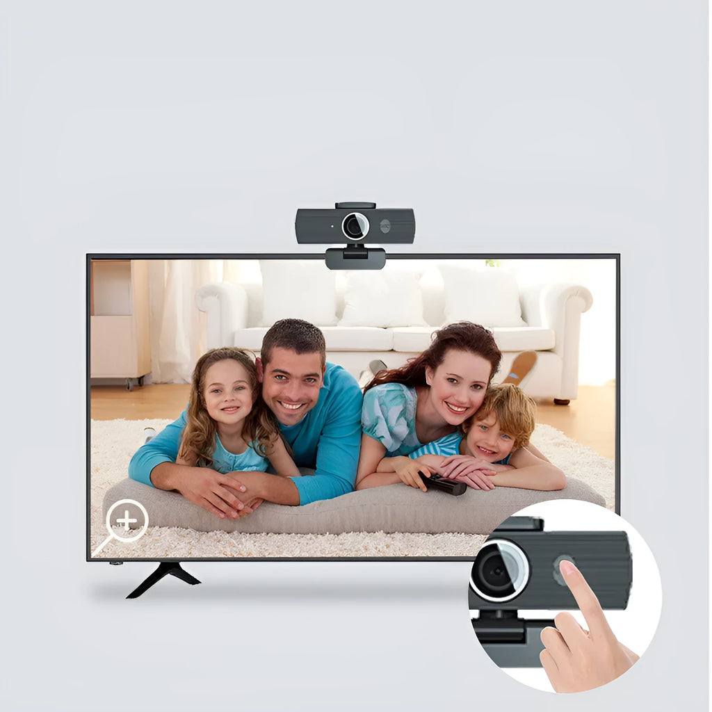 Black USB web camera with magnetic privacy cover on a 1.7 metre cable for 4K video conferencing.