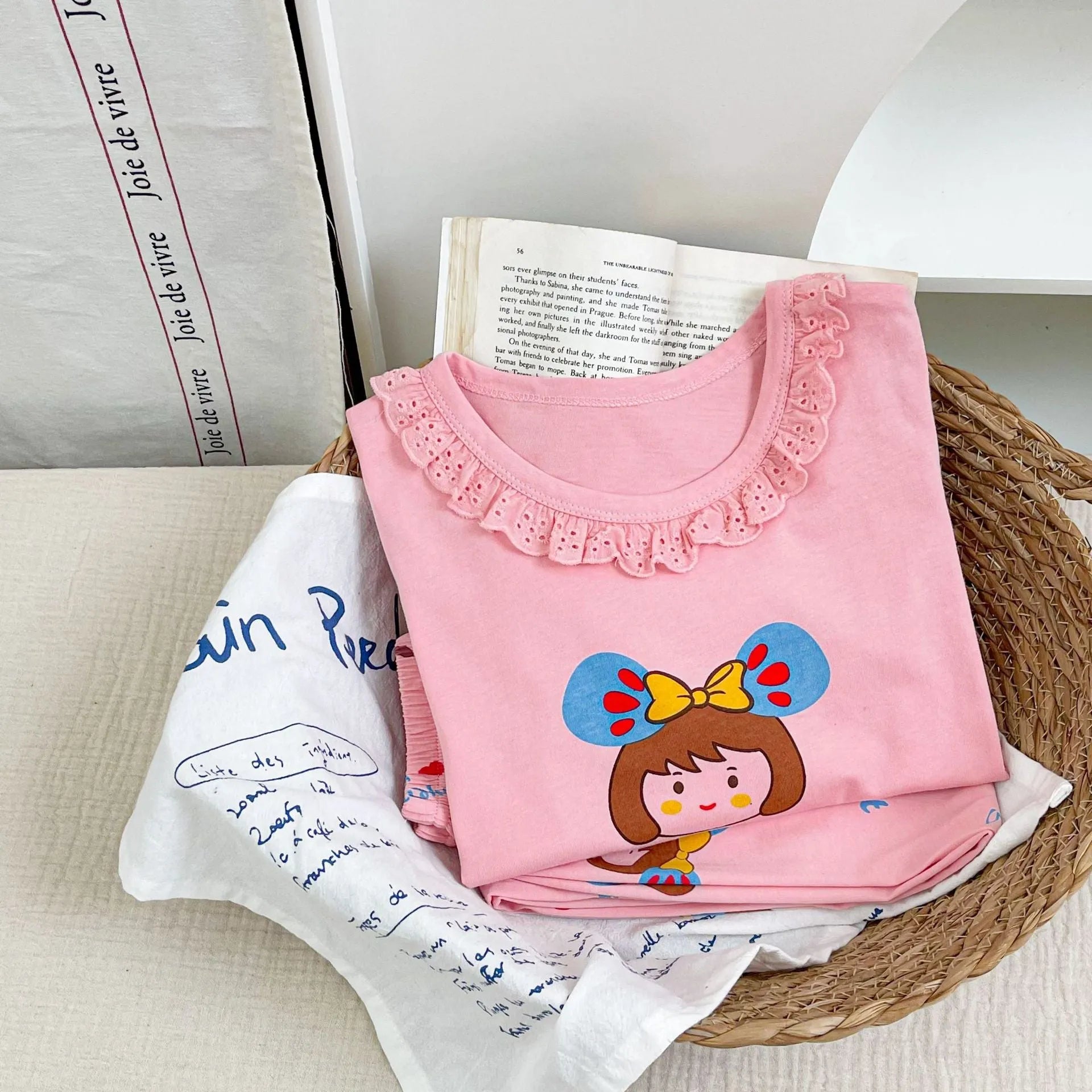 Girls cotton pyjama set with pink cartoon rabbit print, summer homewear, suitable for height 110-170cm