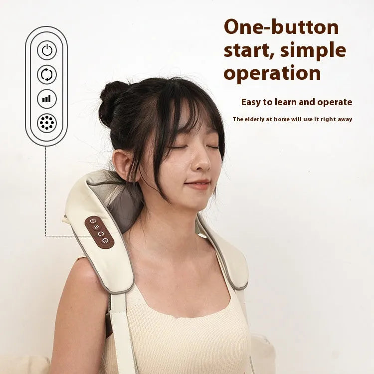 Blue rechargeable electric neck and back massager showing foldable design and compact 230x135x160mm size