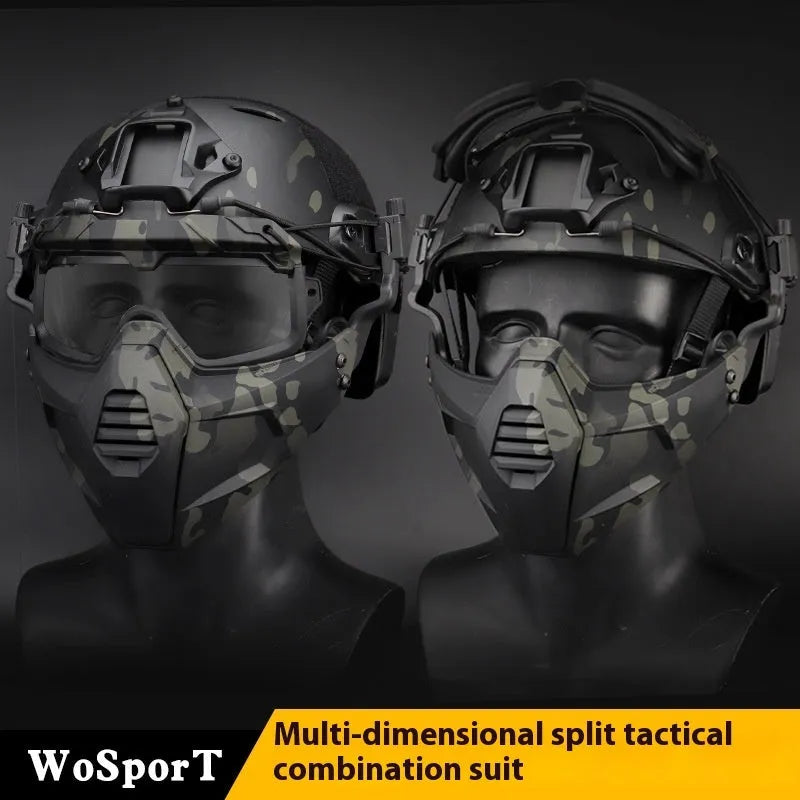 Multi-dimensional split tactical combination suit mask and goggles in black, TPE fabric, ABS PC lens