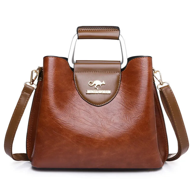 Large capacity PU tote bag in soft leather-look texture horizontal square shape with sewing line detail available in Black Dark Brown Green Red