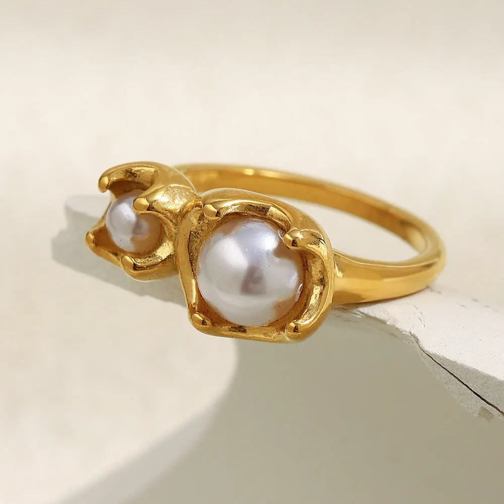 Gold stainless steel ring with bud imitation pearl flower geometry shape for women size options