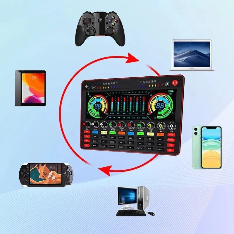 G4 professional sound card set with LCD screen, microphone, remote control, and cables on a desk.