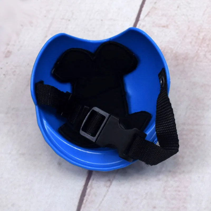 Plastic dog motorcycle helmet in various colours showing three size options
