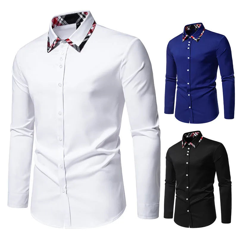 Men's blue plaid long sleeve shirt with a contrast triangle collar on a hanger.