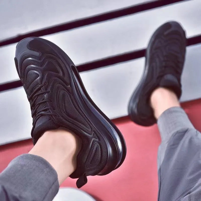 Men's black casual lace-up sneakers with round toe and thick sole design