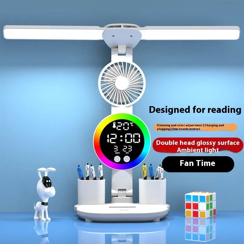 LED student desk lamp with clock and fan double-headed rechargeable USB powered