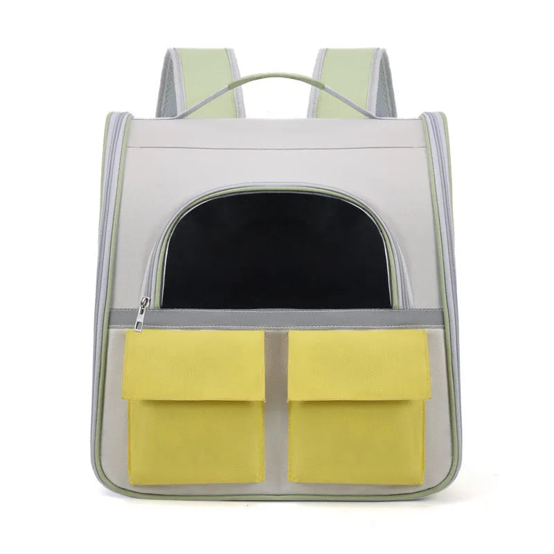 Cat backpack with transparent acrylic front and Oxford cloth body in white and yellow colour scheme
