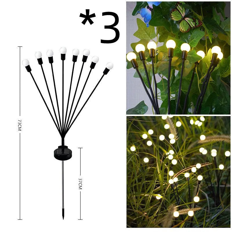 Solar-powered LED firefly ground lamp with multiple heads and ground spike for garden installation