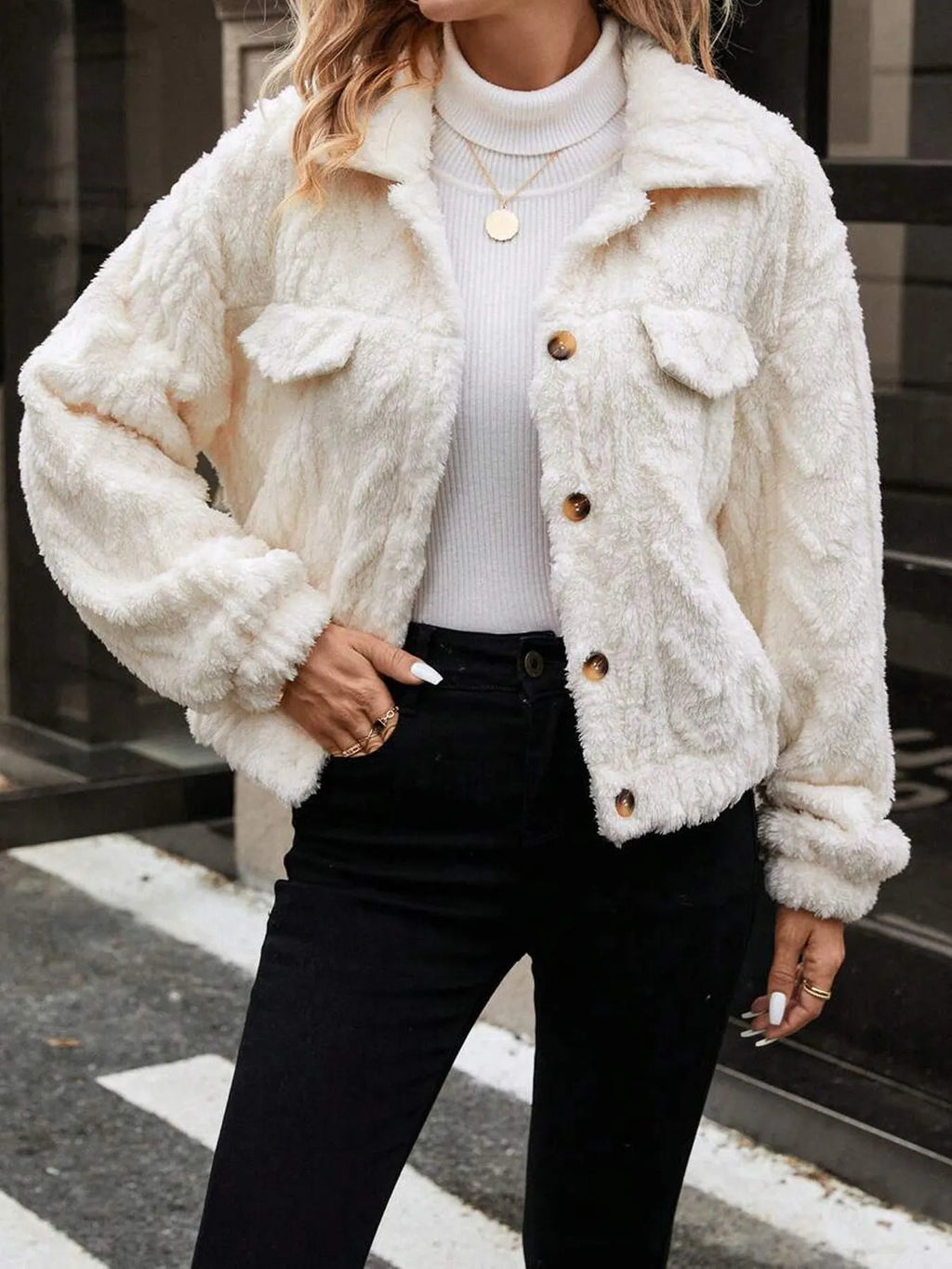 Women's ivory white double-sided plush cardigan top coat with button front
