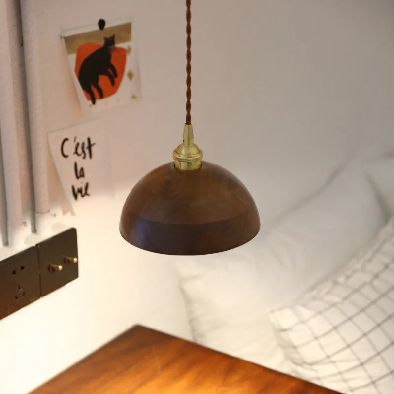 Black walnut and copper art single-head droplight chandelier with a fabric shade.