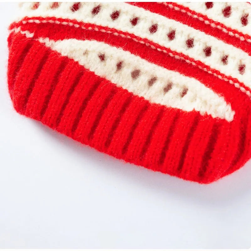 Red knitted cherry pet sweater with white stripes and 3D cherry embroidery for small dogs and cats