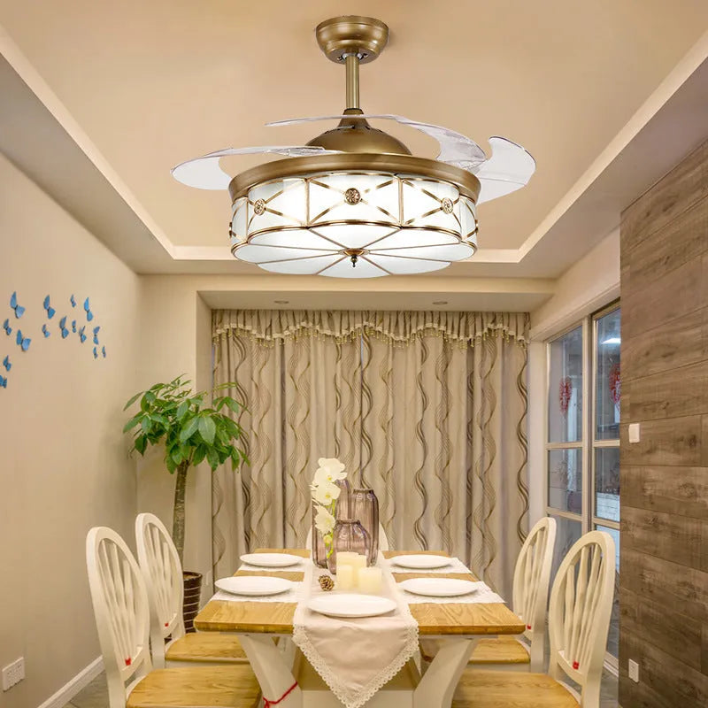 Gold ceiling fan light with invisible blades and remote control for living room