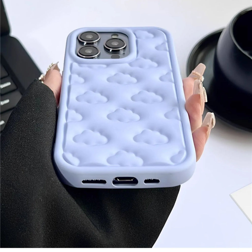 Hand oil three-dimensional cloud TPU phone case for iPhone with embossed floral pattern, black colour, displaying full back and edge coverage.