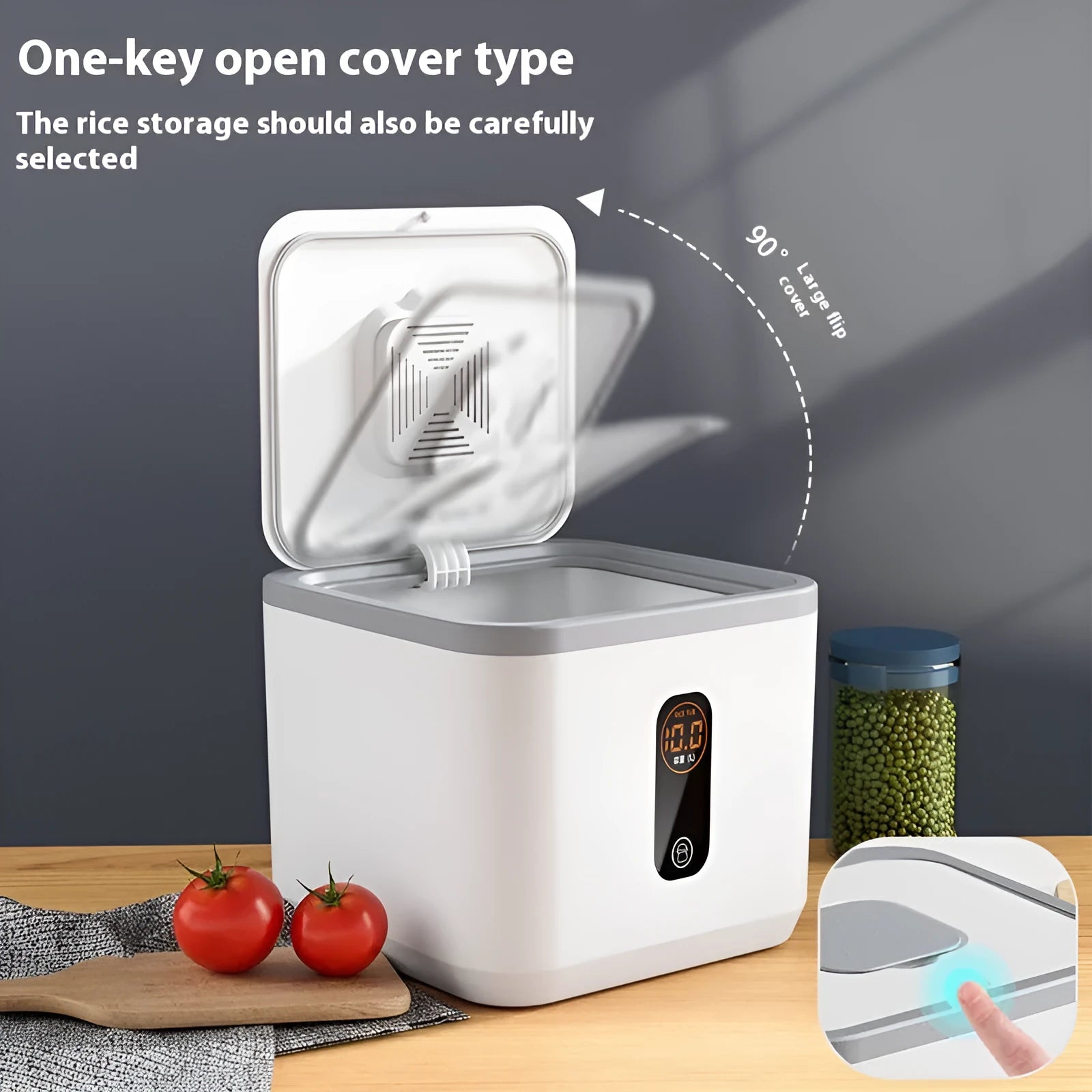 Grey plastic airtight rice storage jar with lid and measuring cup for 10kg, 20kg, or 30kg capacity.