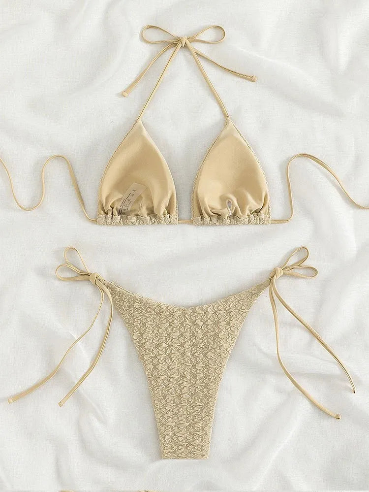 Women's high waist bikini swimsuit with lace-up sides shown in khaki colour.