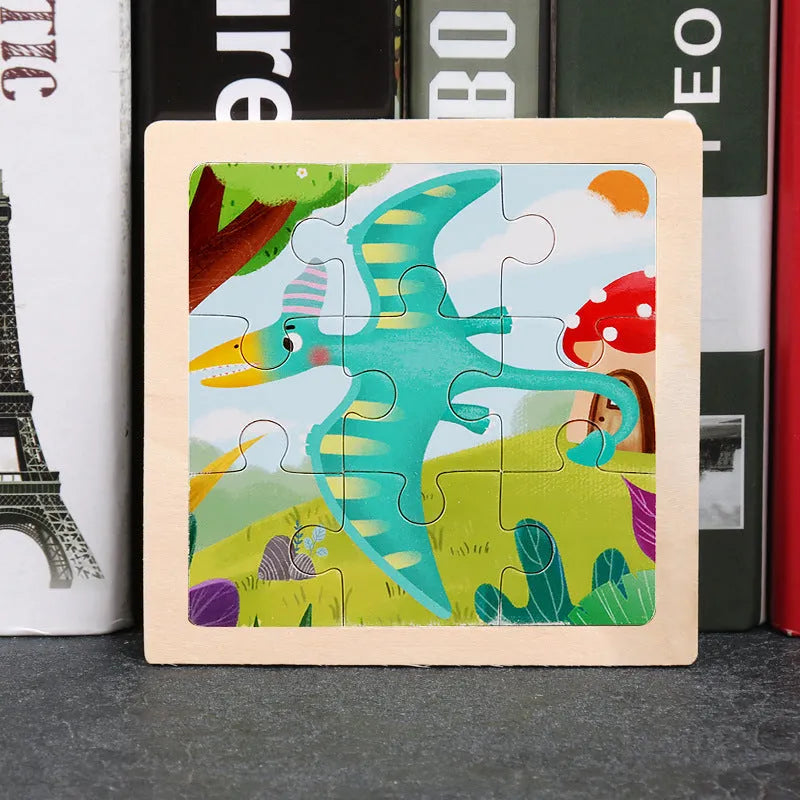Children's wooden flat puzzle 11 x 11 x 0.4cm in Jellyfish, Excavator, Brachiosaurus, Bear, and Pterosaur designs