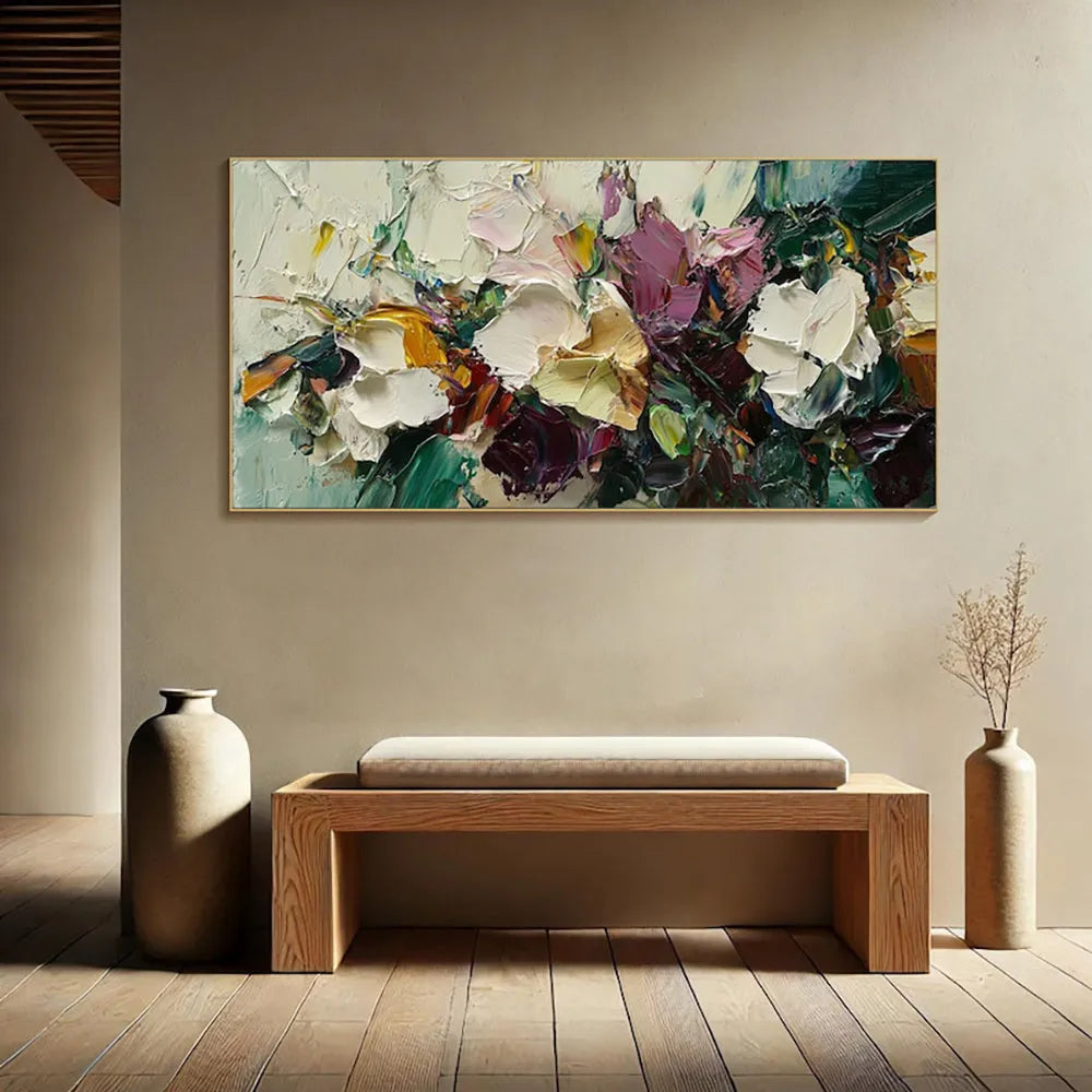 Hand-painted flower oil painting on canvas with knife-thick texture, rolled and frameless, horizontal modern wall art