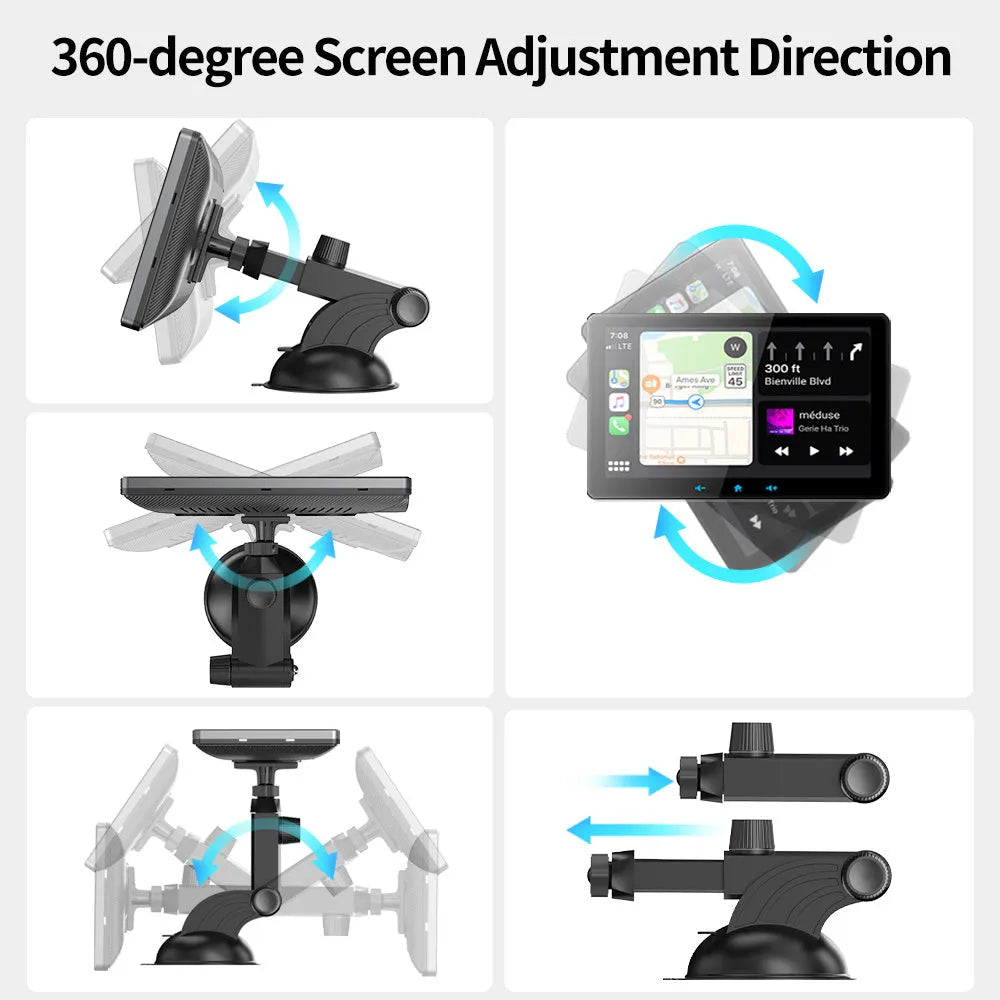 7 inch wireless CarPlay display with suction cup mount and cigarette lighter power adapter