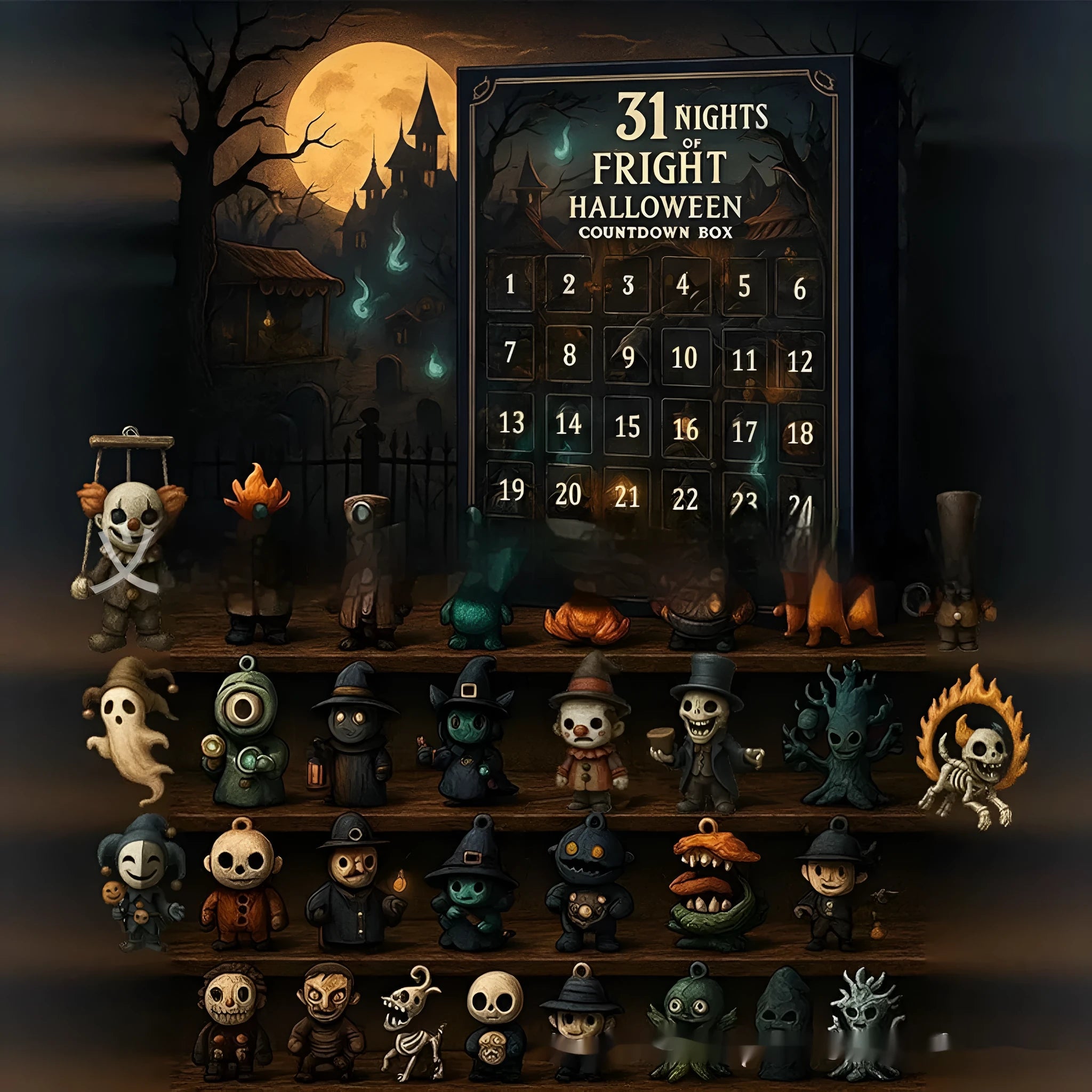 Halloween 31-night advent calendar blind box with surprise resin horror doll inside