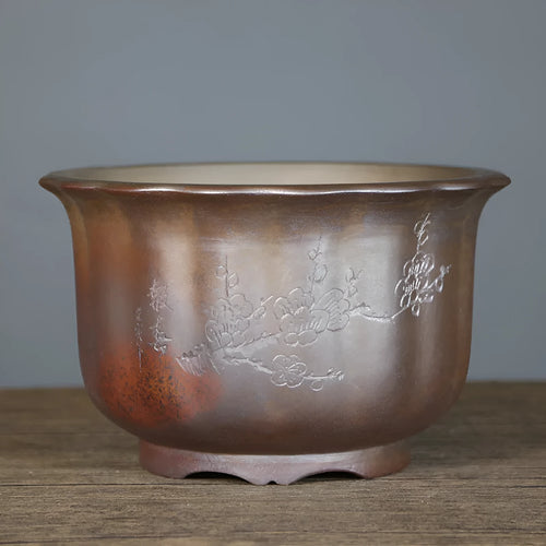 Antique carved purple sand ceramic flowerpot in S1696 firewood colour for indoor bonsai displays