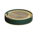 Large green circular cat scratching board with ball track and plush ball toy in the centre.