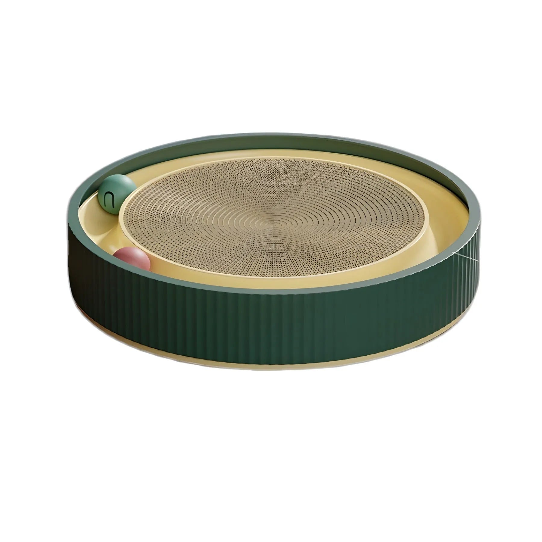 Large green circular cat scratching board with ball track and plush ball toy in the centre.