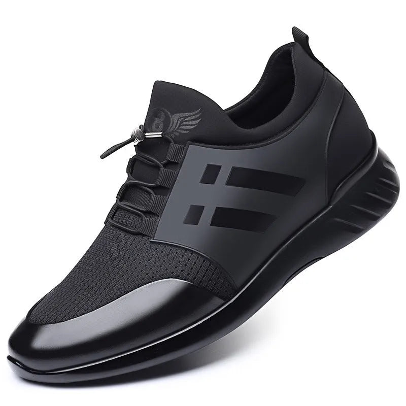 Men's black casual shoes with a chunky rubber sole and round toe, available in leather or mesh.