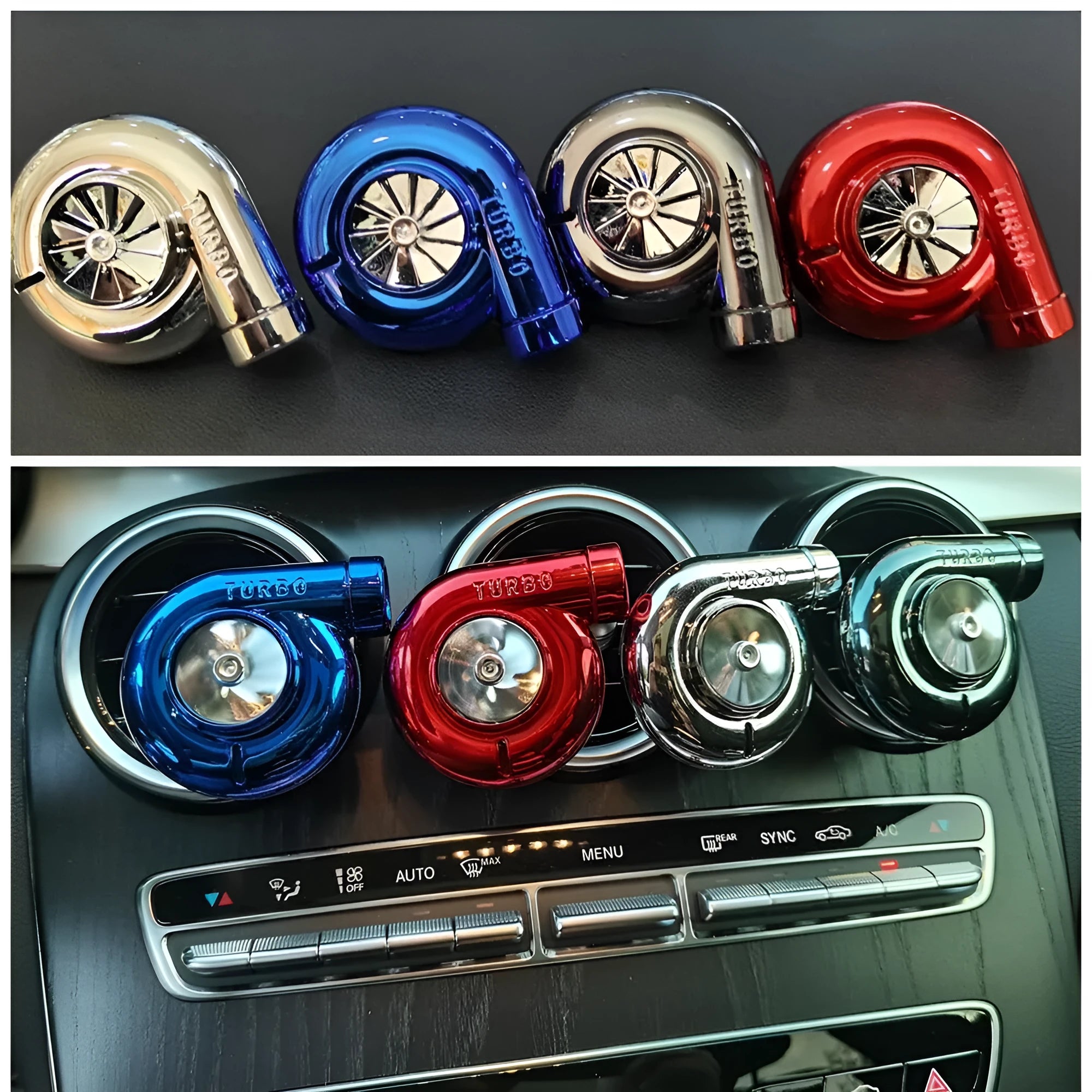 TURBO air outlet scented freshener in sapphire blue mounted on car vent for decoration and fragrance
