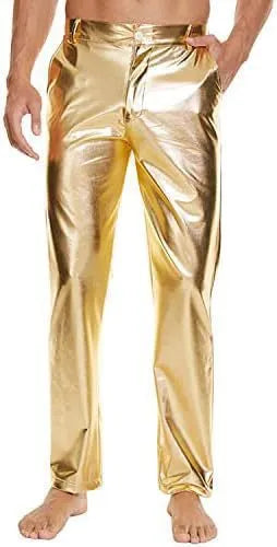 Shiny wet-look disco pants, straight leg capri style, in silver with high elastic waistband