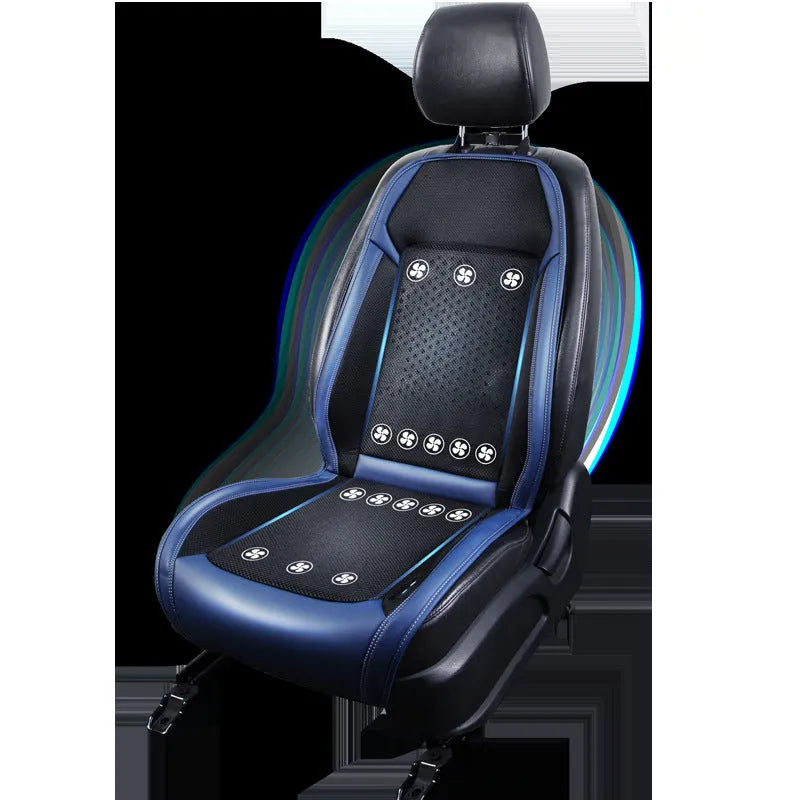 Black minimalist car seat cooling pad with USB cable for 12V/24V power connection.