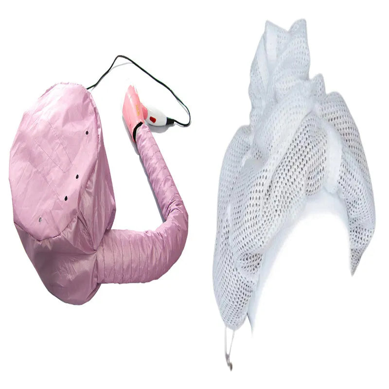 Pink hair dryer bonnet hood attachment with elastic tube and drawstring cord
