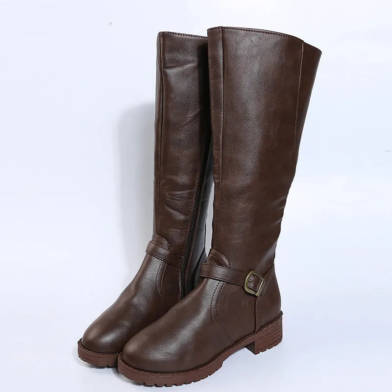 Women's black knight boots with square heel, round toe, and buckle detail on a high cylinder shaft.