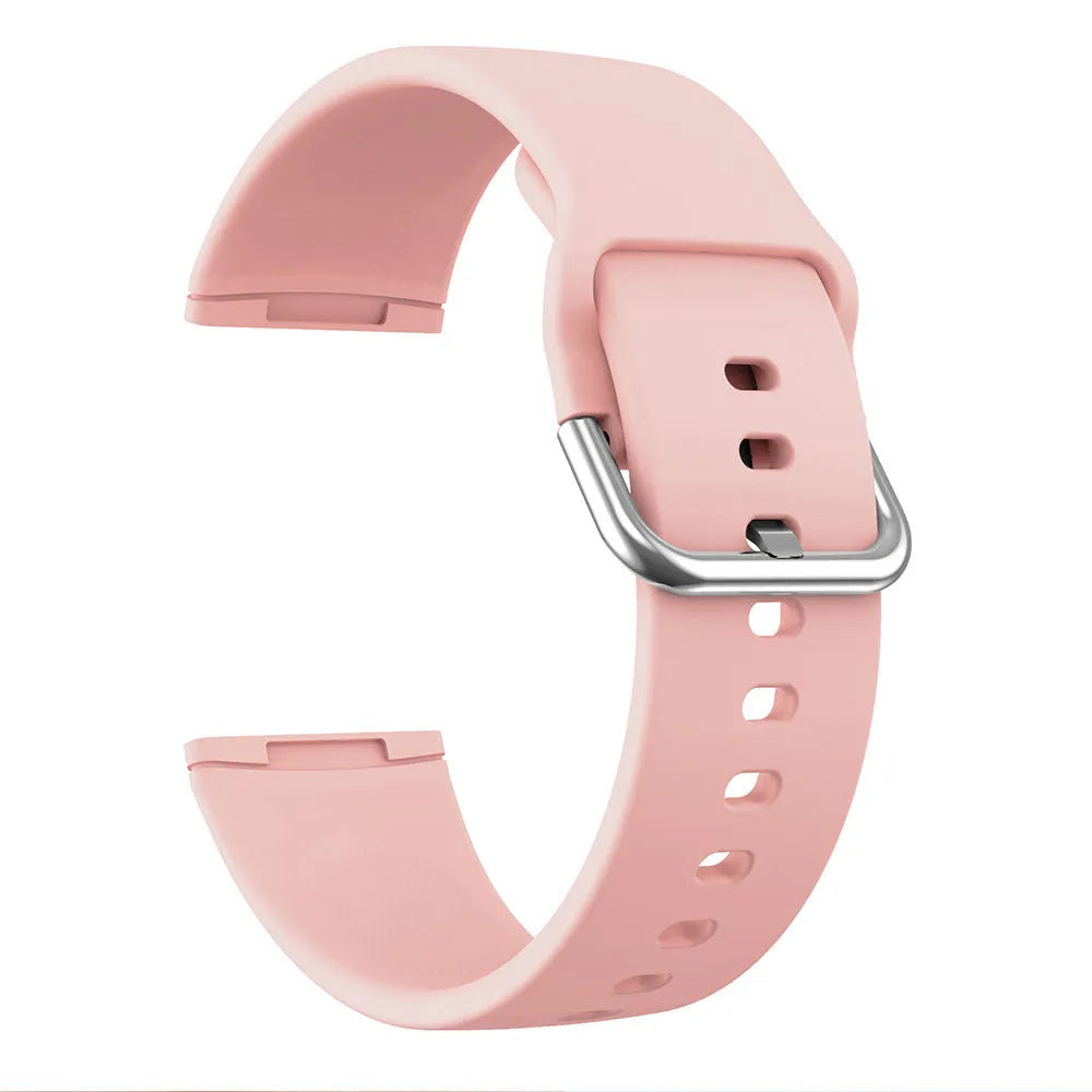 Solid colour silicone replacement strap with silver buckle for Fitbit Versa 3 and Sense 2 smartwatches