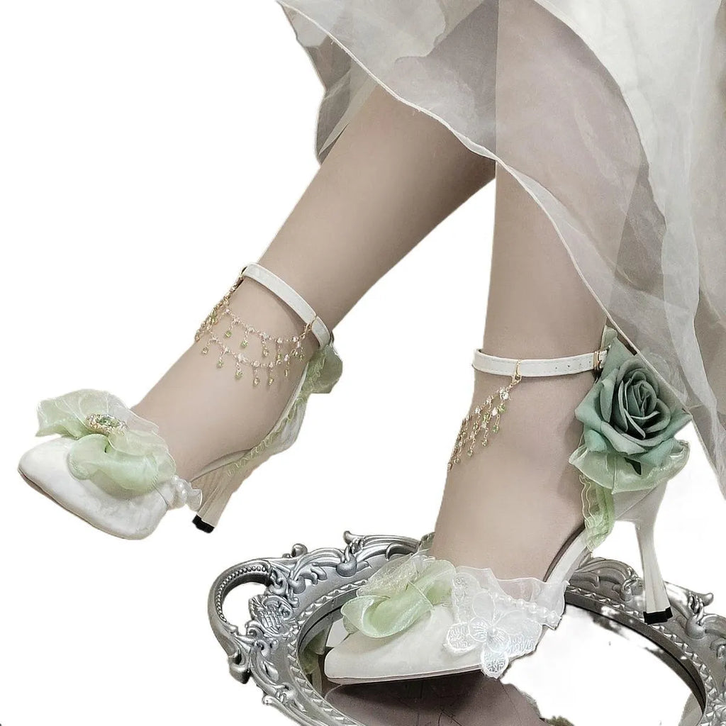 Handmade flower and bow wedding high heels in PU with 6cm or 8cm short stout heel, round toe, sizes 34-39