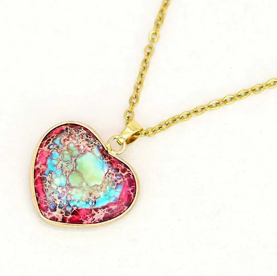 Heart-shaped emperor stone necklace with natural stone pendant in red and blue colour options, single necklace.