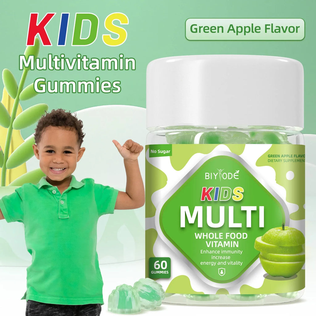 Bottle of 60 kids multivitamin gummies, 2 per day, custom flavour, children's daily health supplement