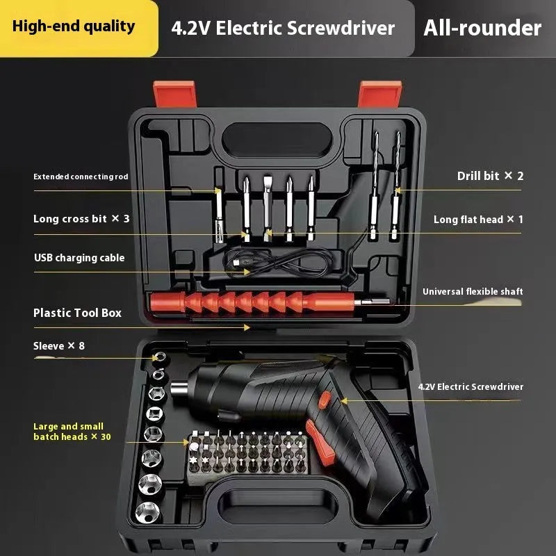 Rechargeable electric screwdriver toolbox 48 pieces suit with USB lithium battery and dual-purpose handle