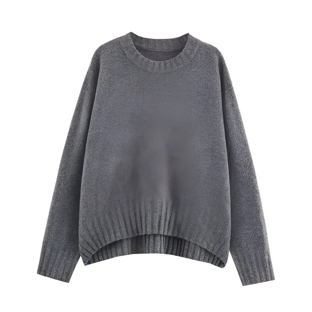 Grey ribbed knit women's sweater with contrast stripes, long sleeves, regular fit, 50cm length, sizes S M L