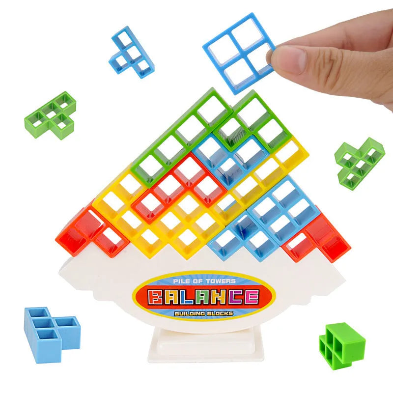 Plastic balance stacking game with 16 colourful building blocks on 26.5cm square chassis