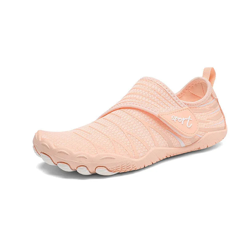 Pair of men and women outdoor wading shoes with mesh upper and rubber sole in black
