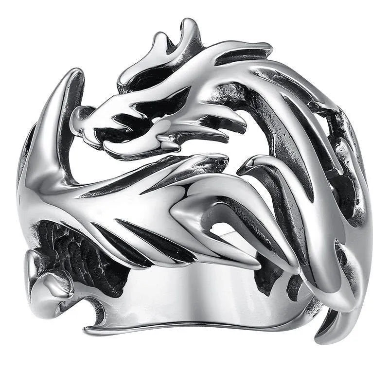 Adjustable Chinese style ring with luminous dragon pattern in archaism silver blue and green electroplated finish