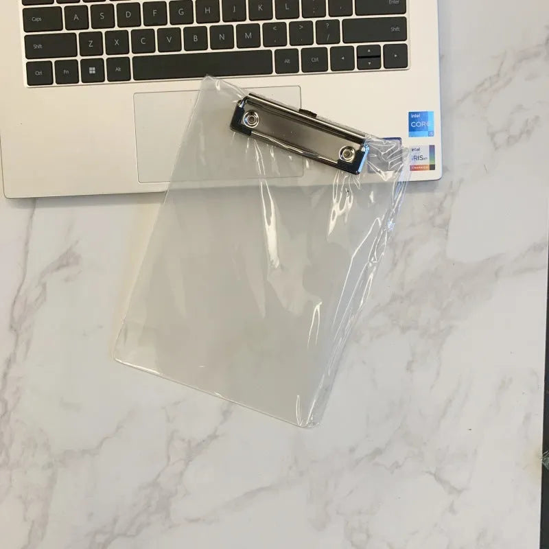 A4 transparent writing board pad with metal clip showing document display and writing surface